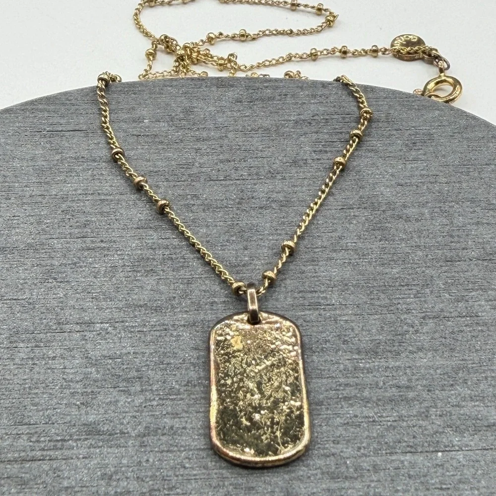Gold Tone Textured Dog Tag Pendant Station Chain Necklace Minimalist Fashion
